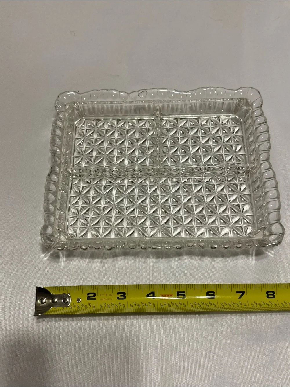 Vintage glass relish dish with with aluminum lid with fruit design